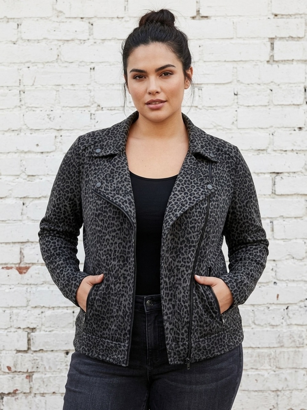 Liverpool LA Leopard Print Moto Jacket Womens 1X Gray Black Zip Moto Moto Jacket